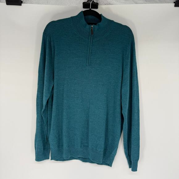 Jos A Bank Traveler's Collection Quarter Zip Sweater Men L Teal Blue Merino Wool - Picture 1 of 7